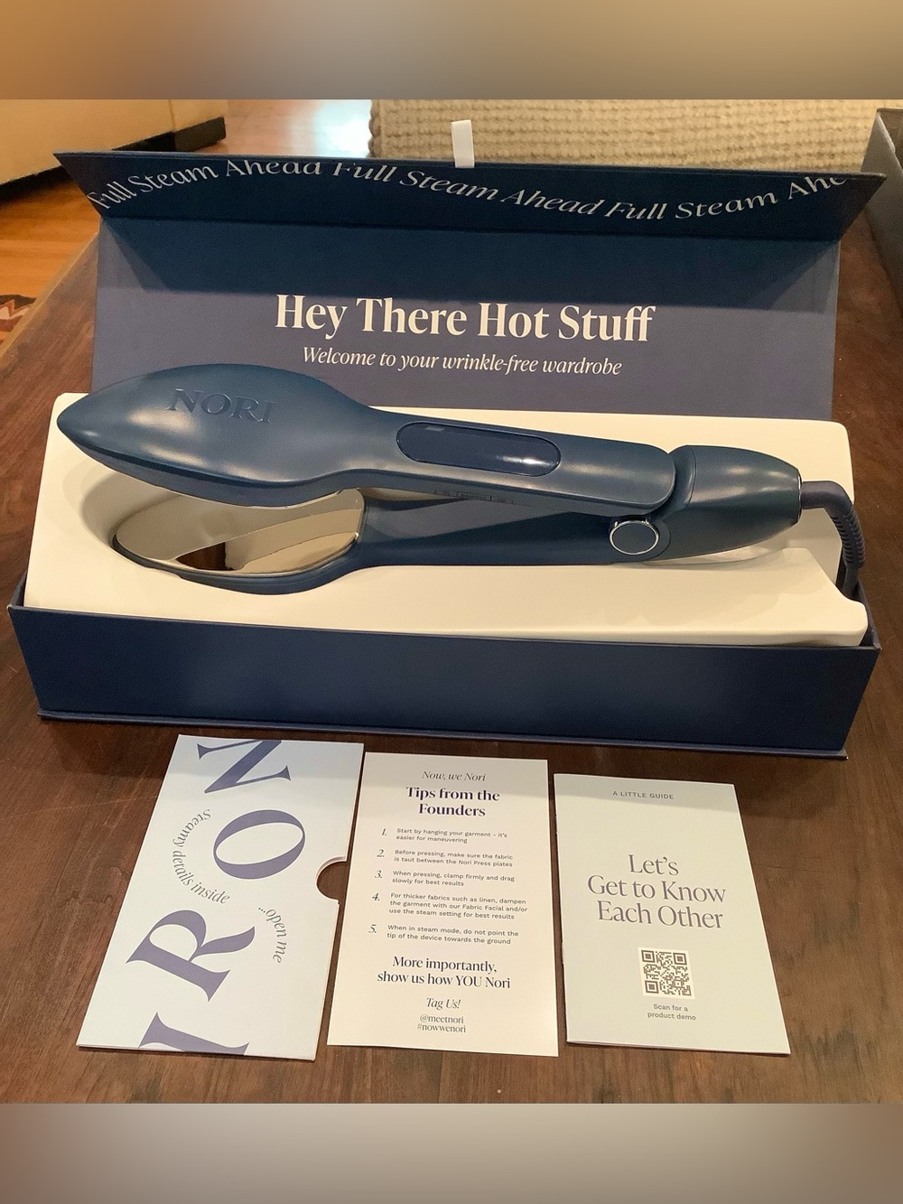 Nori Press Handheld Travel Steam Iron 3-in-1 Fabric Steamer Navy Blue Boxed Like